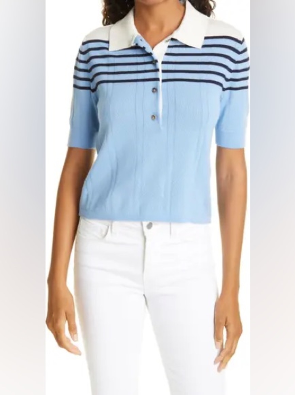 La Ligne Merino Wool Blue and Cream Striped Short-Sleeve Polo Sweater - Picture 4 of 4